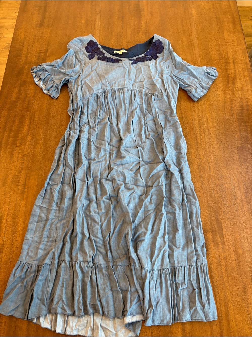 Blue Midi Dress with Navy Embroidered Neckline